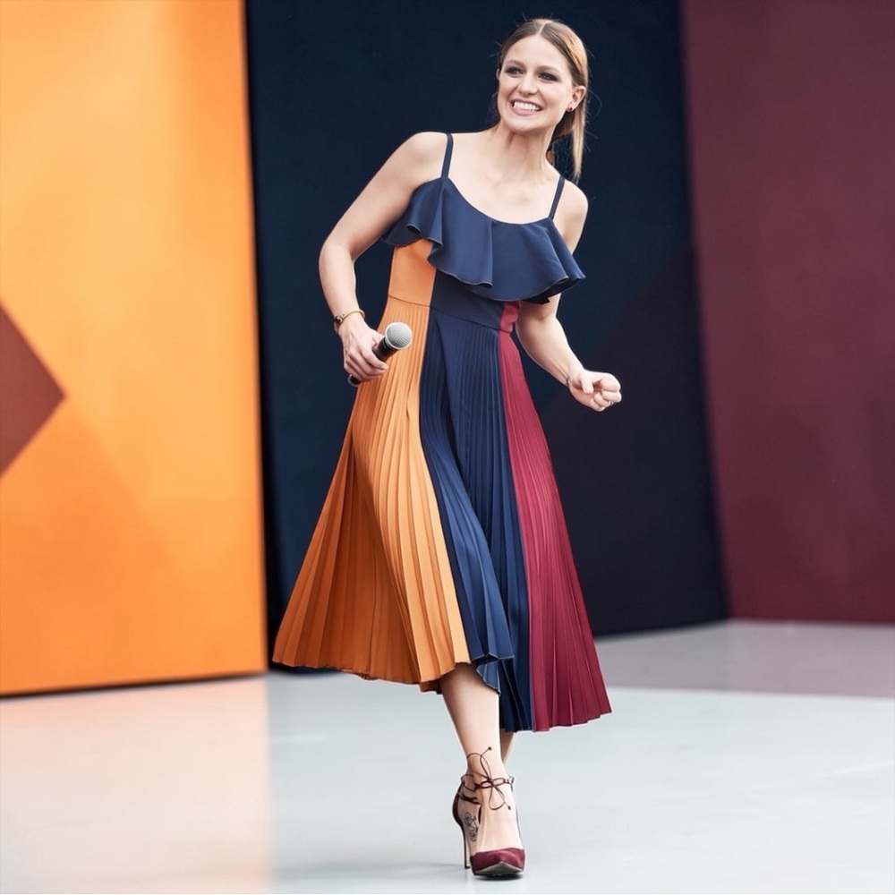 Staud Women’s Midi Pleated Color Block Takeshi Plissé Dress In Size Small